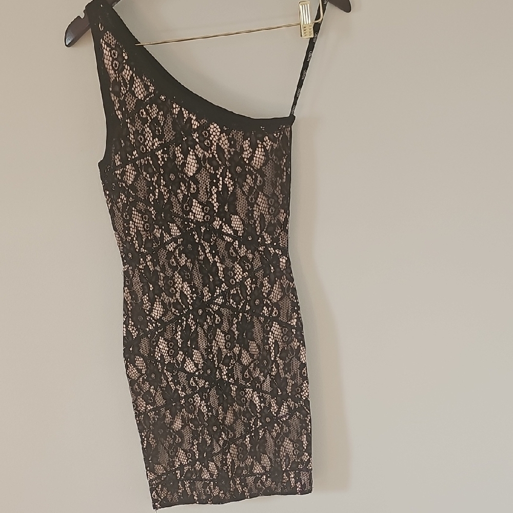 XOXO Black Tan Asymmetrical One Shoulder Cocktail Dress